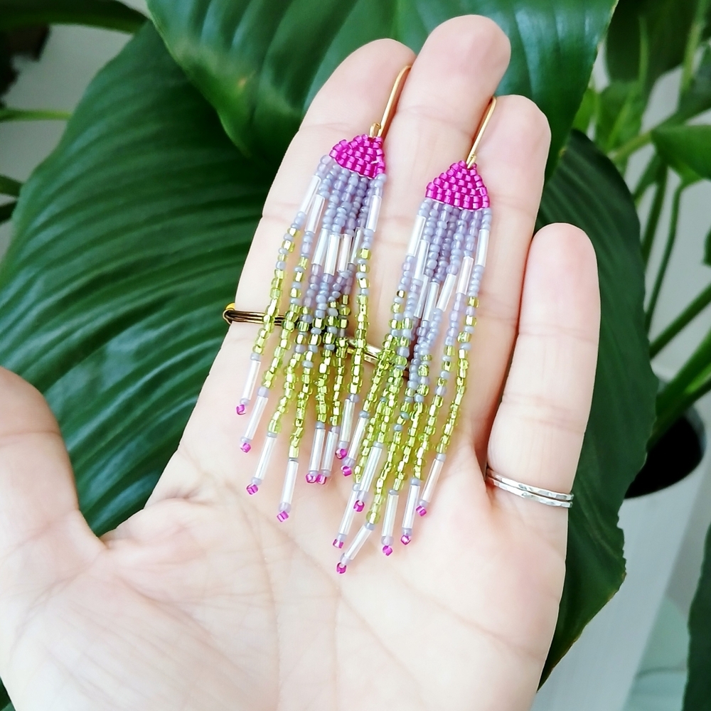 BOGO EARRINGS Boho Chic Seed Bead Fringe Tassel Dangle Earrings, Statement 3.5" - Picture 3 of 7